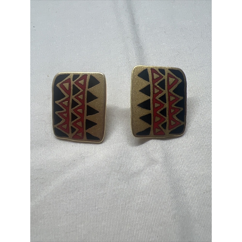 VTG Laurel Burch Enamel‎ Gold Tone Aztec Style Pierced Earrings "FOLKART"